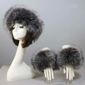 SET OF THICK AND FLUFFY FAUX FUR HEADBAND AND ELASTIC CUFFS WINTER WARMER